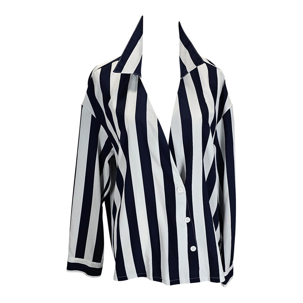 Shein Striking Black & White Vertical Stripe Button-Up Blouse/XL